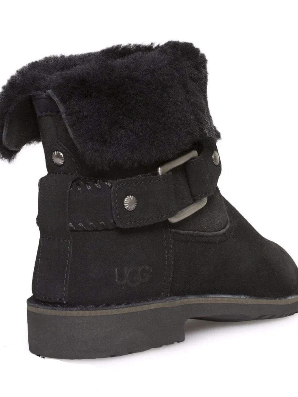 UGG Black Suede Shearling Cuff Boot with Buckle